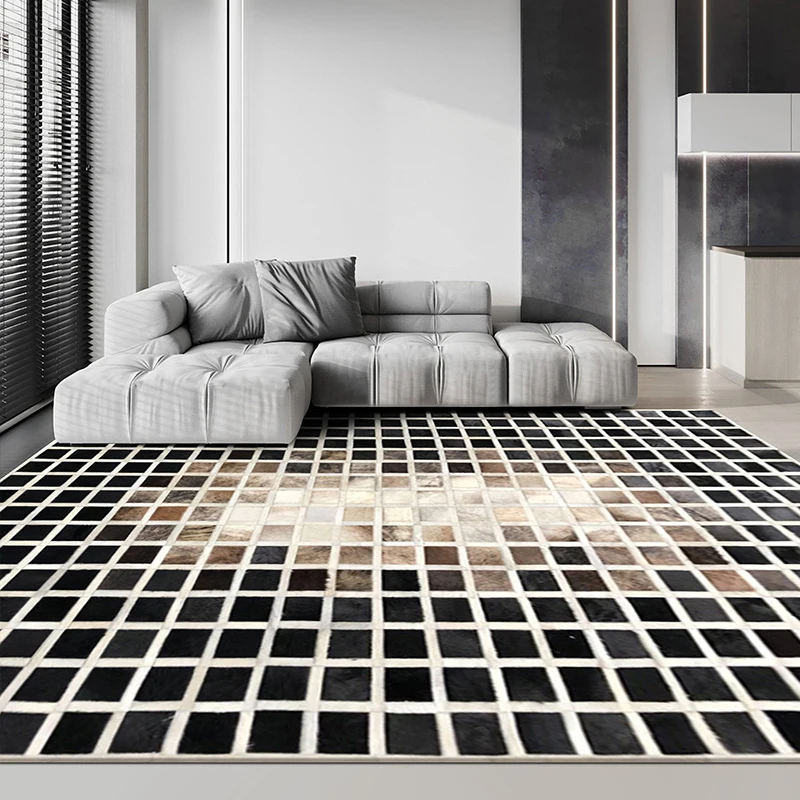 Black White Plaid Living Room Carpet Geometric Handmade Bedroom Bedside Rug Simple Large Sofa Coffee Table Mat Real Cowhide