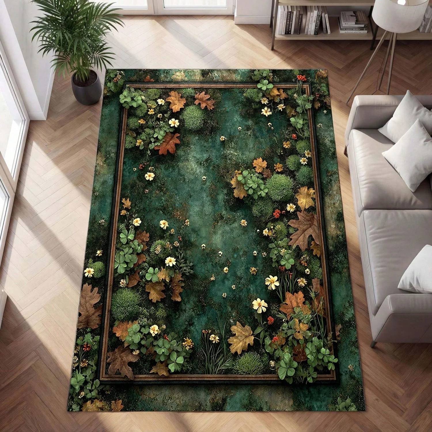 Forest Floor Style Carpet (Mo1Ss Plant and Woodland Theme), Pastoral Style Green Garden Carpet, Integrating Natural Elements Such as Leaves and Flowers, Suitable for Living Room Flooring.