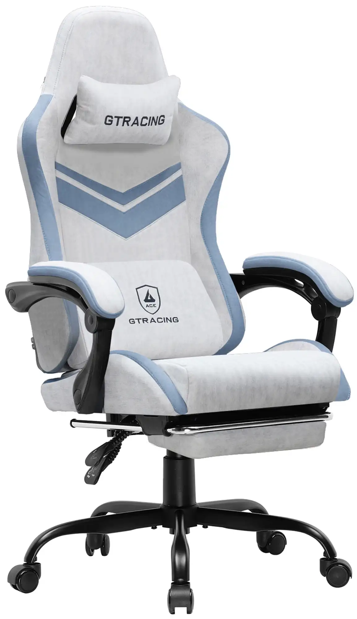 Gaming Chair Ergonomic Fabric Reclining Chair with Footrest, Adjustable Height, Gray/Blue