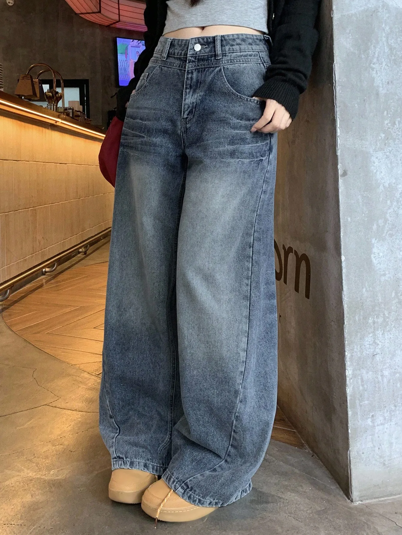 

Женские джинсы с высокой талией, широкими штанинами и эффектом потертости, повседневные брюки в корейском уличном стиле