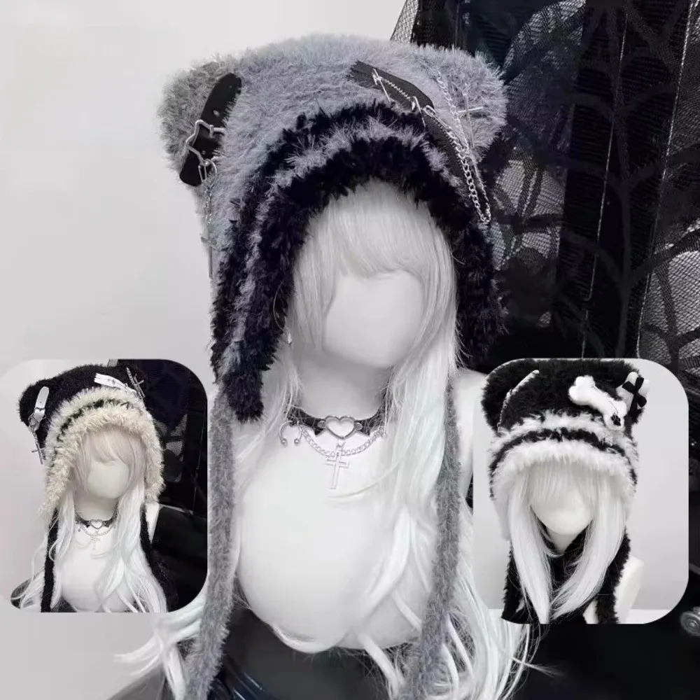 Spicy Girls Fluffy Gothic Harajuku Hat Knitted Punk Lolita Hat Y2K Style Little Bone Cross Star Beanie Hat