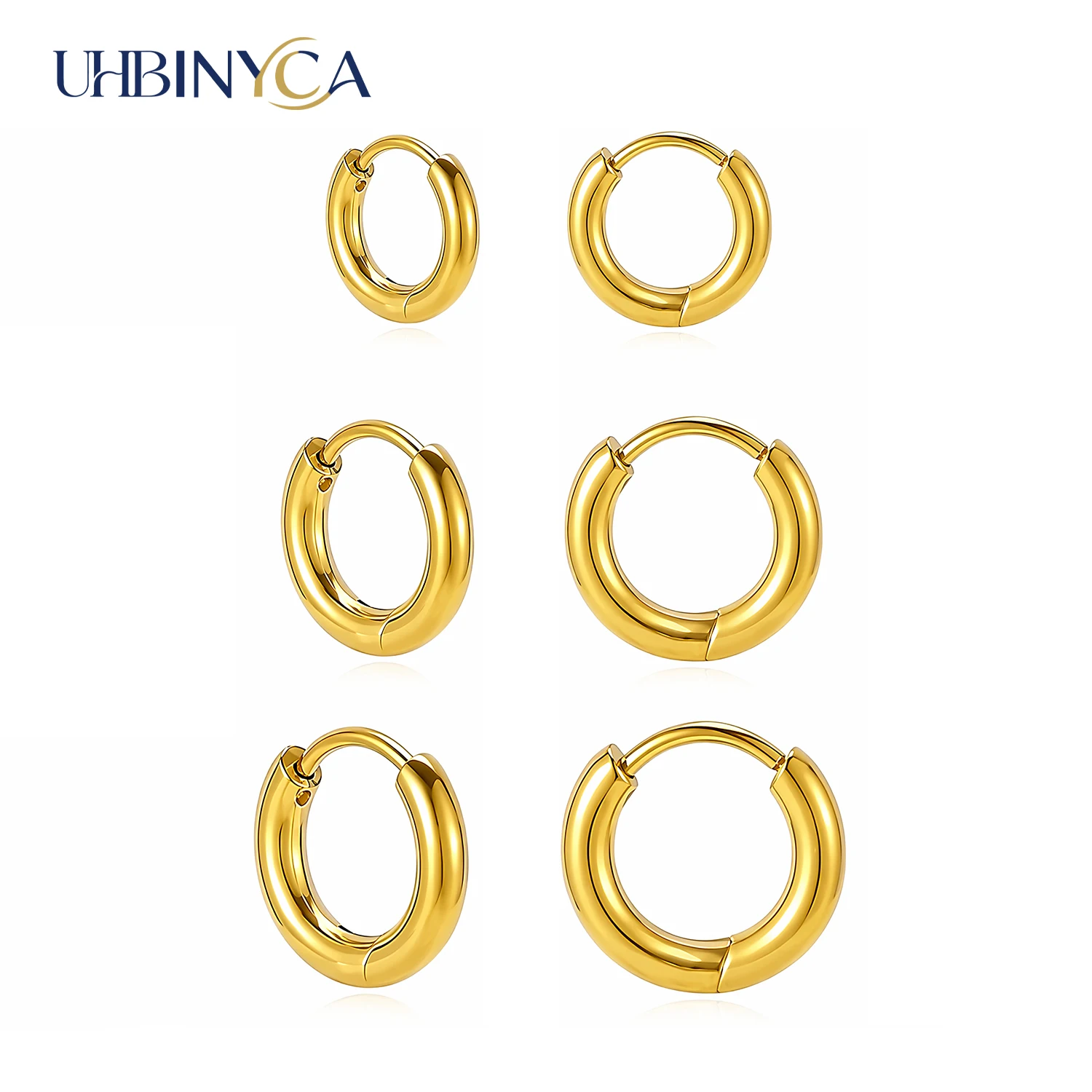 3 Pairs/Set of Hoop Earrings, 8/10/12mm, 2.5mm Thick, 316 Stainless Steel 18K Gold Plated, Simple Minimalist Classic Unisex