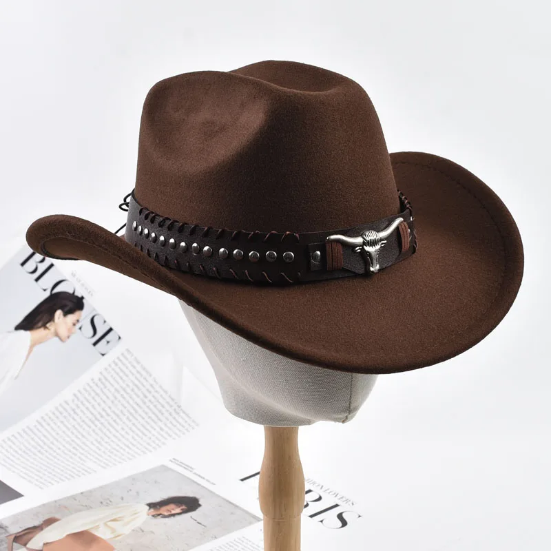 Retro Bull Ox Kopf Niet Leder Band Western Cowboy Hut Unisex Roll Up Krempe Cowgirl Jazz Hut Kirche Sombrero Hombre Caps – Detail 3