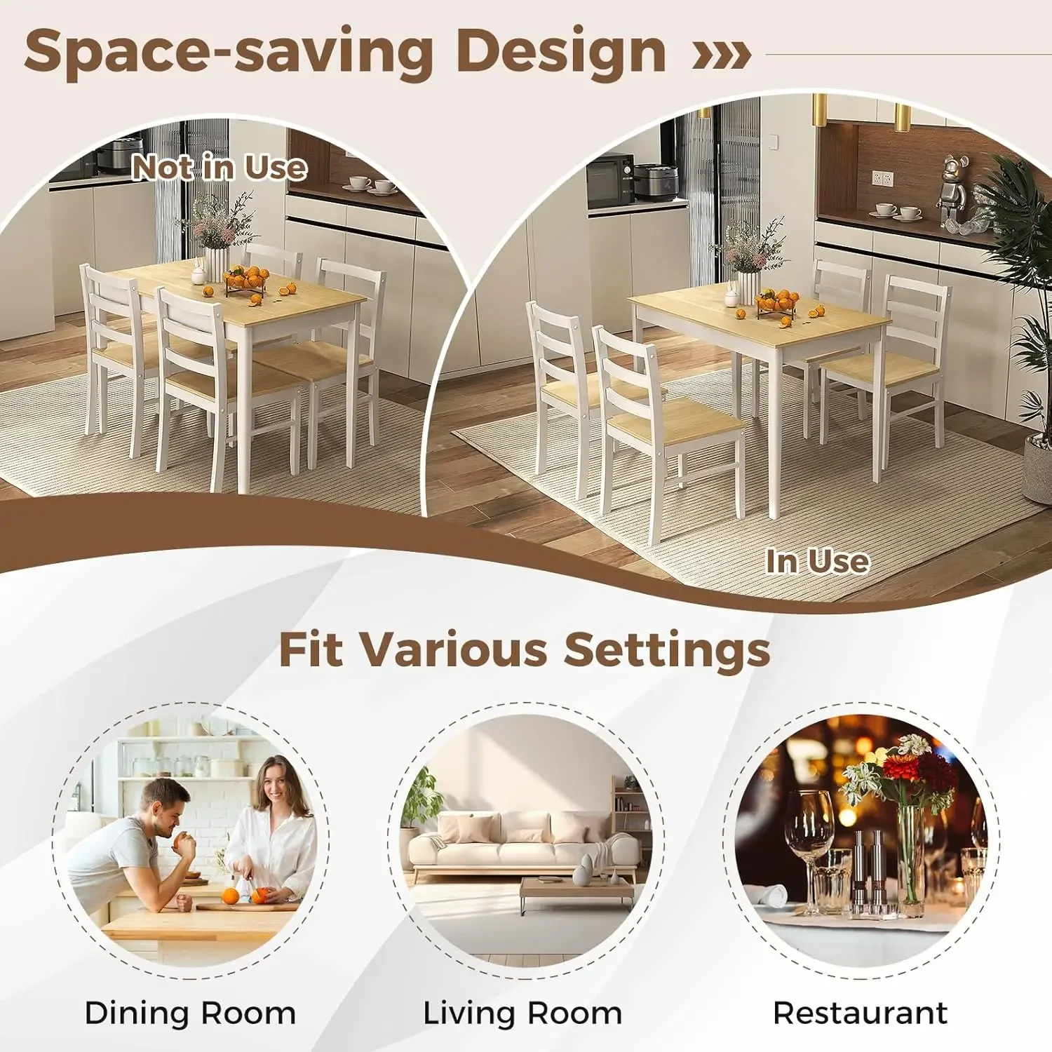 Wood Kitchen Table Chairs Set with Rubber Wood Legs, Space-Saving Design
