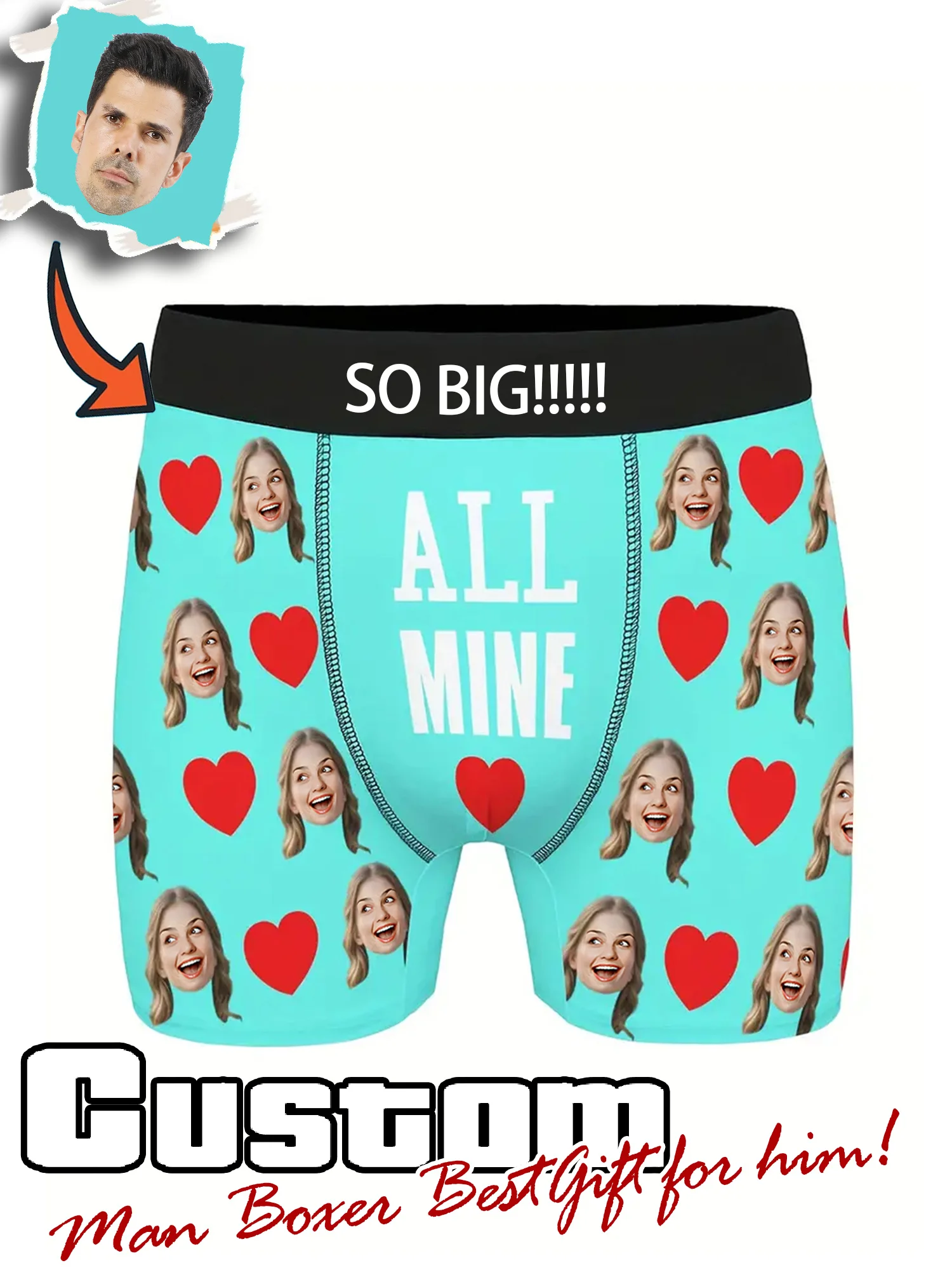 Customized Boxer Shorts with a Large Printed Text And a Facial Image, Featuring Funny Designs And Personalized Graphics