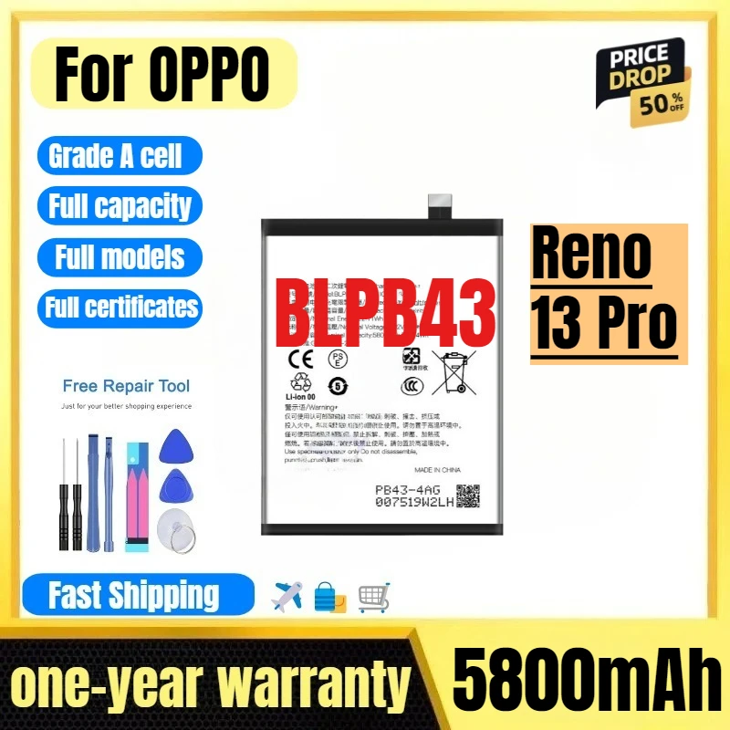 

BLPB43 for OPPO Reno 13 Pro Mobile Phone Battery High Quality High Capacity Battery Replacement Bateria Grade A Cell with Tools