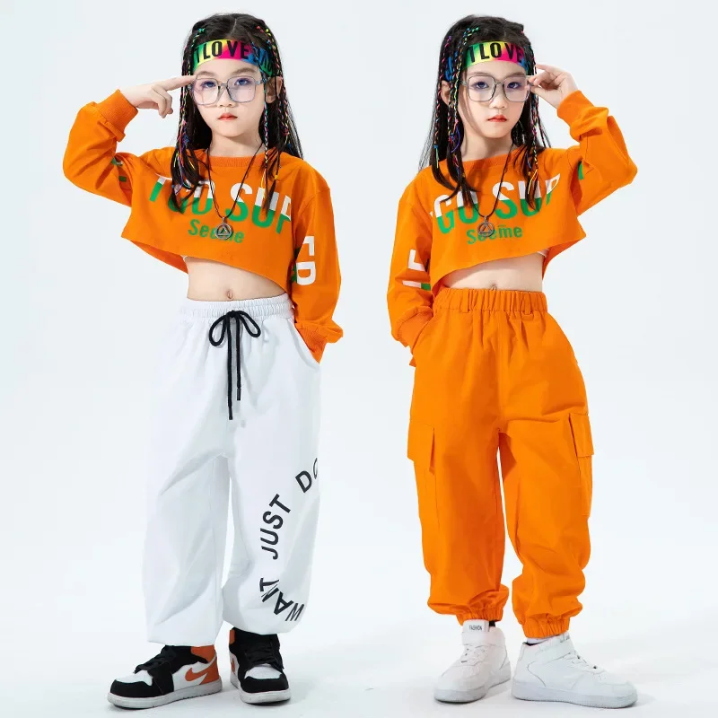 Girls' Jazz Dance Costume Autumn Orange High Waist and Umbilical Show Set Student Cool Street Dance Performance Stage Costume