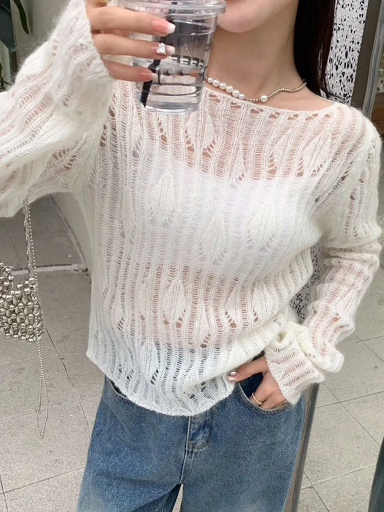 LANMREM Hollow Wool Knitted Pullover For Women 2024 Autumn New Light Thin Style Long Sleeves Sweater Female Fashion Top 2DA6815