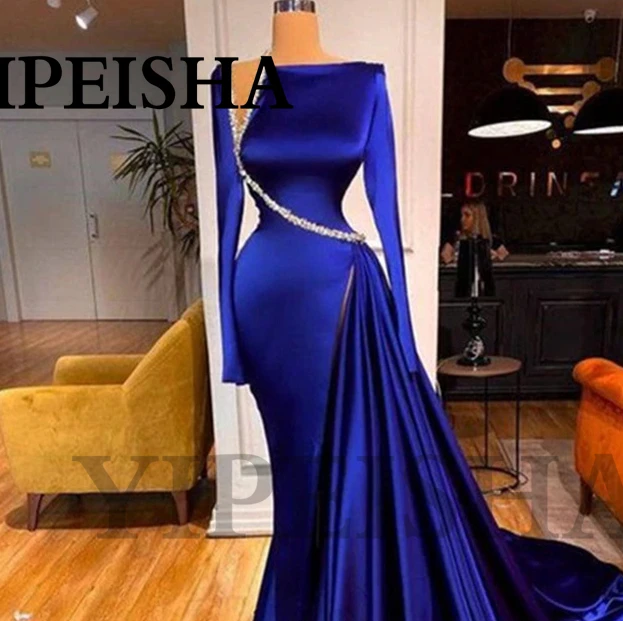 Customized Exquisite Mermaid Evening Dresses Long Sleeve Sweep Train Beading Side High Split Blue Prom Gown Robes De Soirée Vest