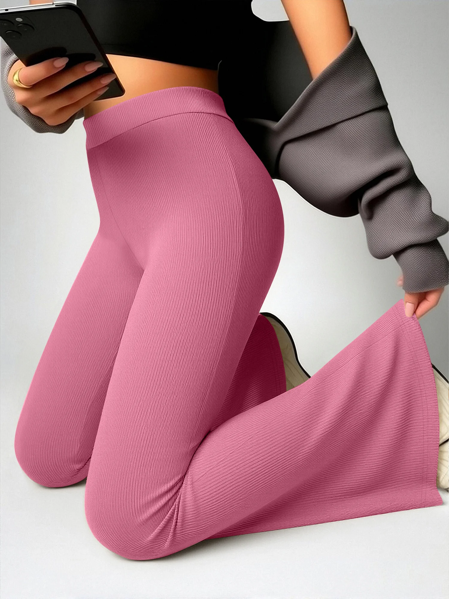Trendy Multi-color Rib Knit Flare Pants Women, High Waist Stretchy Slim Long Trousers, Classic Flared Hem for Daily Styling