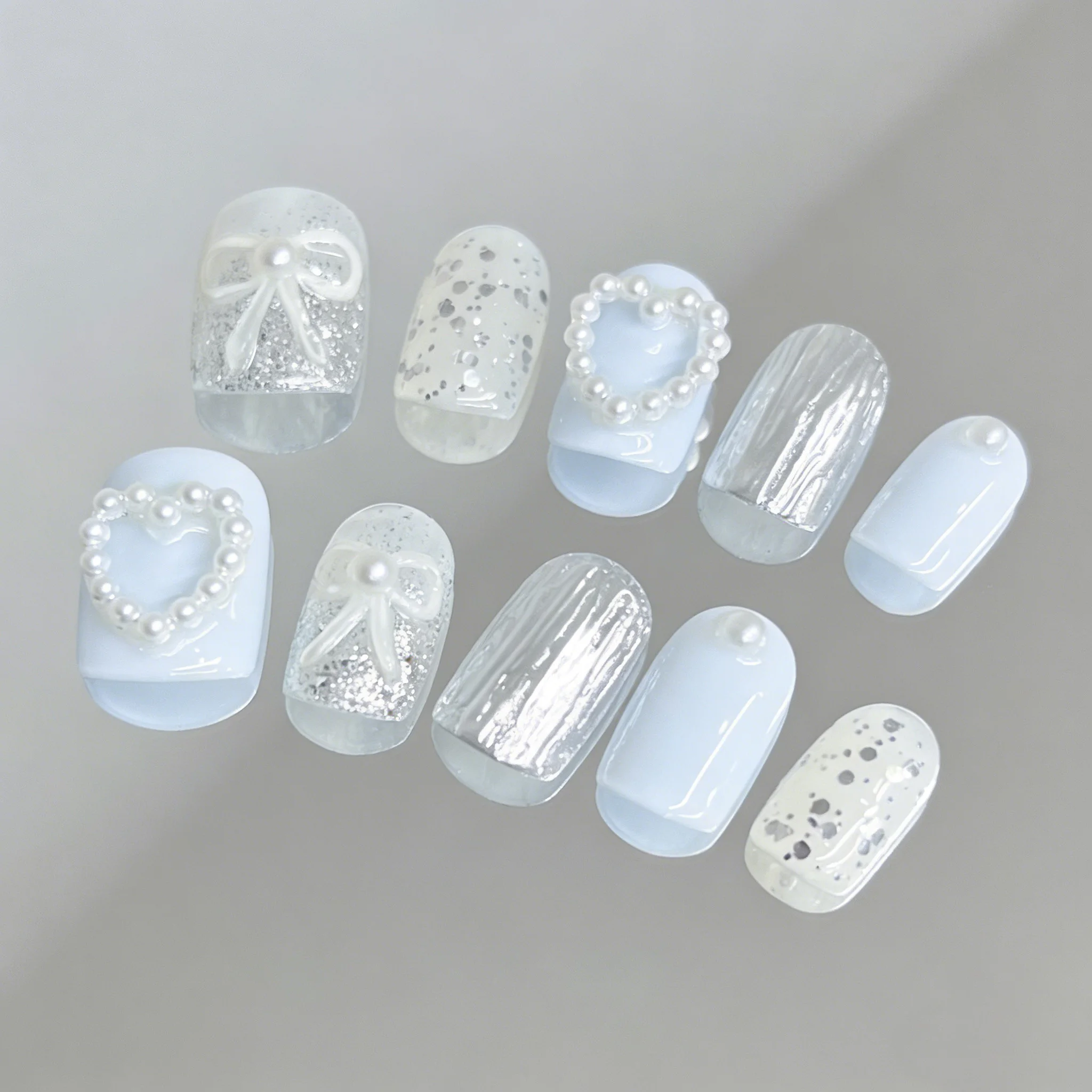 

10pcs Blue Handmade Nails Bow & Heart Designs Adorable Press on Nail Short Square & Round False Nail for Women&Girl Fake Nail