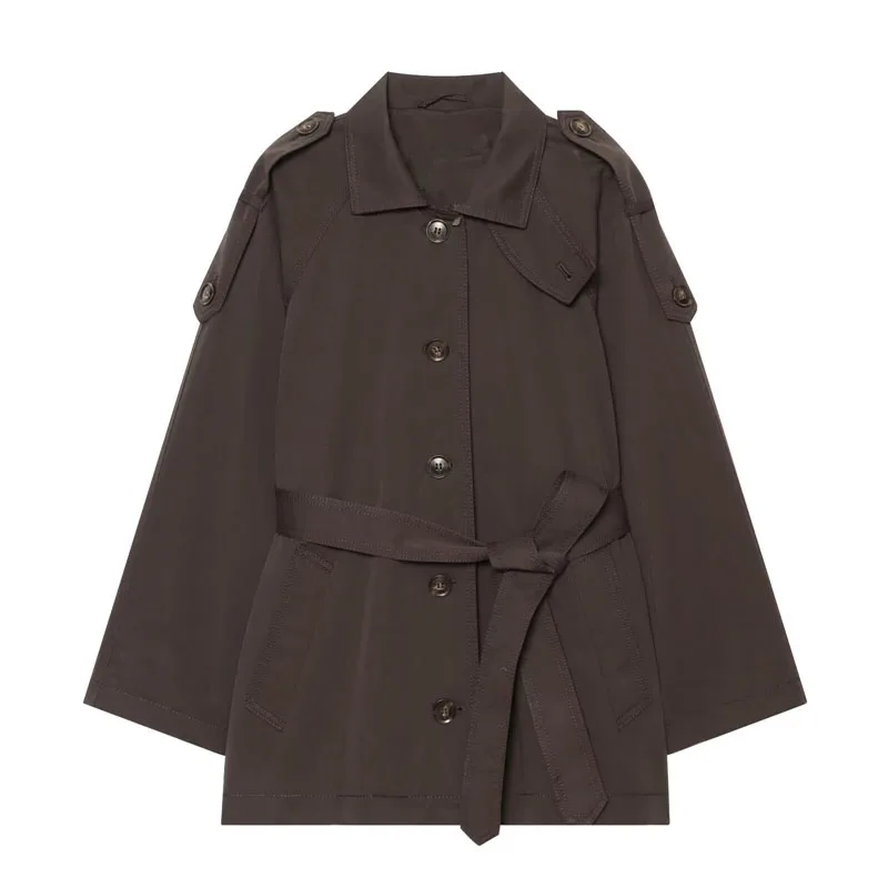 Women Lapel Short Trench Coat Epaulet Design Single Breasted With Waist Belt Pockets Solid Color Casual Office Windbreaker Outer