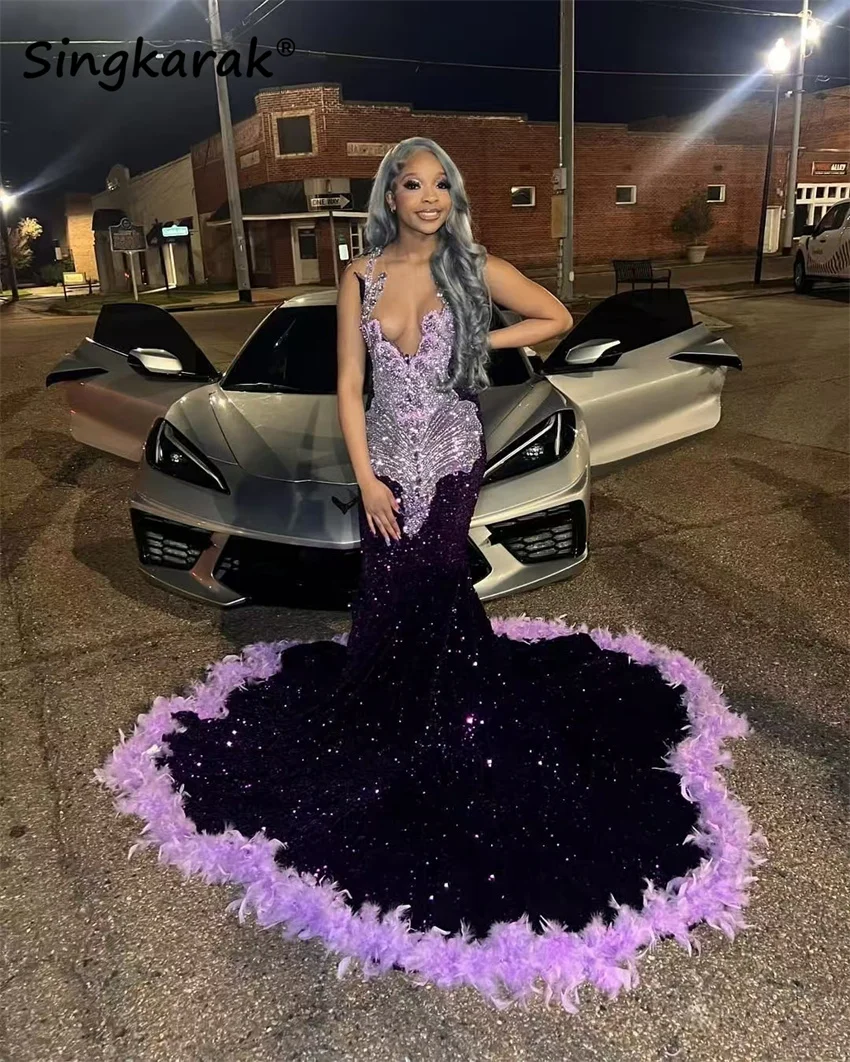 Glitter Purple Gems Prom Dress 2025 Beads Rhinestones Birthday Party Dress Sequins Gown Feathers Wedding Party Dress Customized