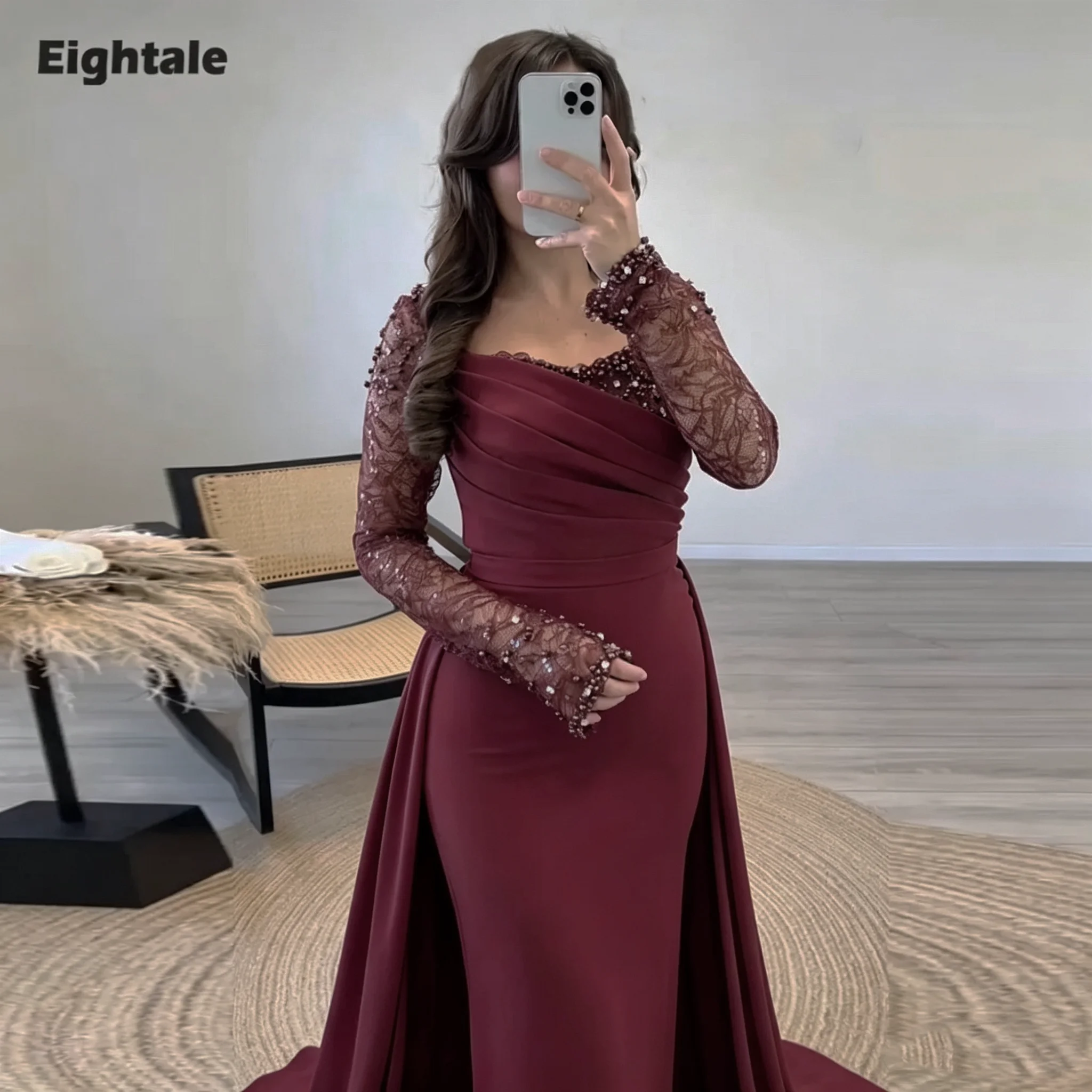 Eightale Arabic Evening Dress Prom Gown Customized Sweetheart Long Sleeves Wedding Party Dress Mermaid Robes De Soirée