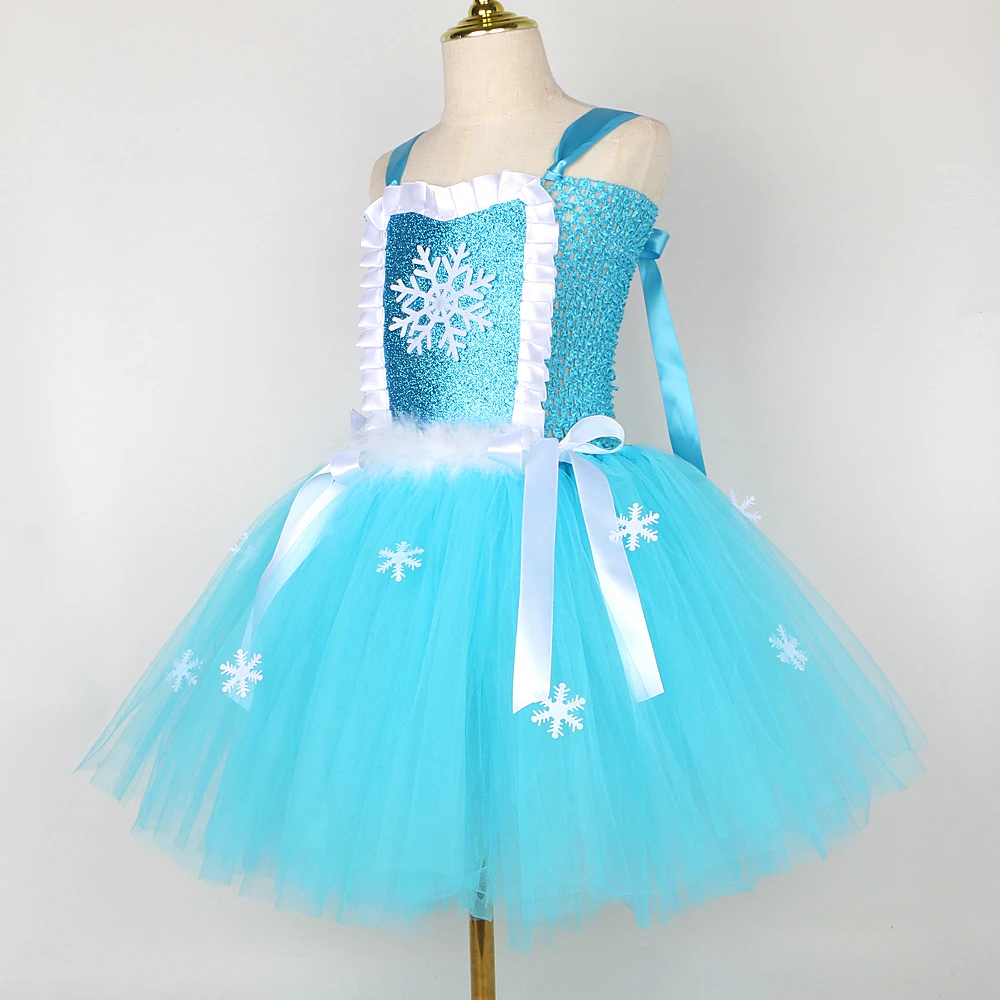 Skyblue Elsa Princess Dresses Girls Snow Queen Christmas Costumes Kids New Years Fancy Outfit Snowflakes Xmas Tutus with Crown