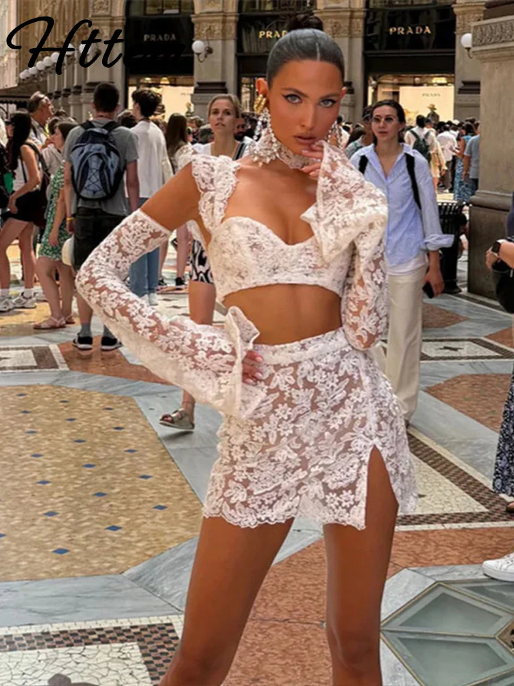

Сексуальная кружевная ажурная юбка, женский укороченный топ с квадратным воротником и лентой, мини-юбка трапециевидной формы с разрезом, женские комплекты 2025, летний женский костюм