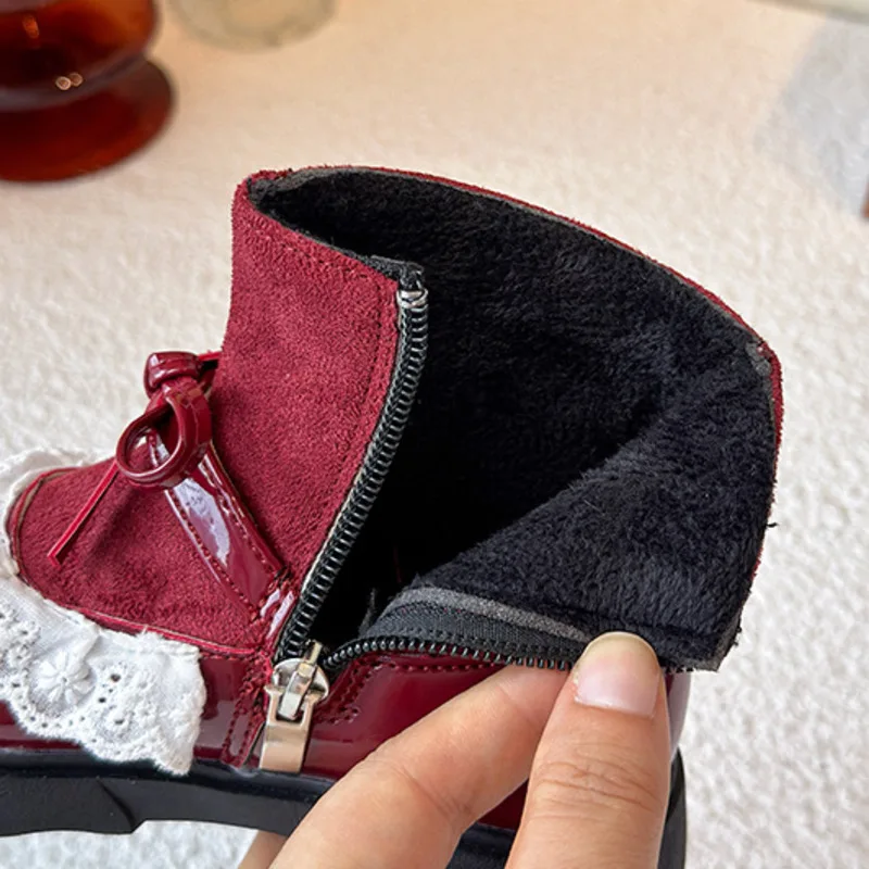 القوس الدانتيل الكشكشة الاطفال أحذية الموضة بولي Patchwork المرقعة البريدي الأميرة أحذية للفتيات الشتاء أفخم القطن الأطفال حذاء من الجلد