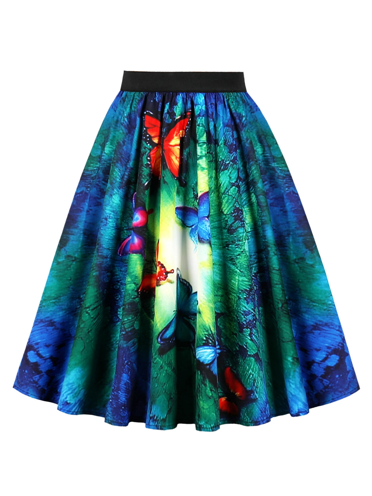 Autumn Elegant Butterfly Flower Print Elastic Waist Casual Party Knee Length Skirt Women's Clothing