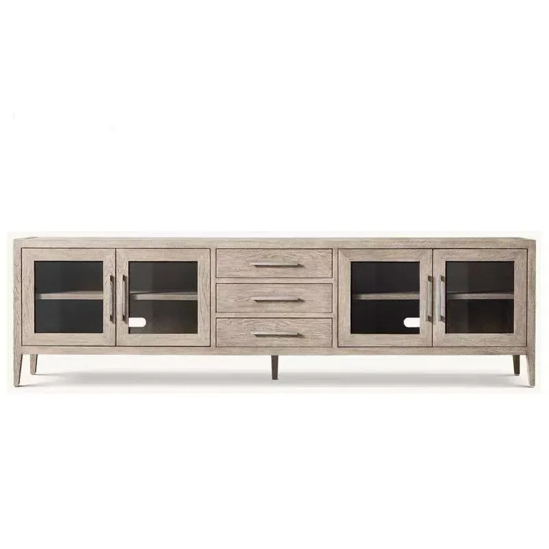 French Style Solid Wood Sideboard Extra Large 4 Glass Door Buffet Cabinet Modern 3 Drawer Media Console TV Stand for Home