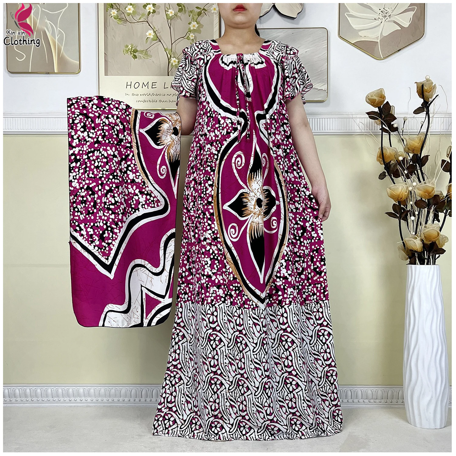 

Latest Dubai Muslim Cotton Dashiki Dress Summer Women Loose Maxi Robe Floral Pocket Femme Musulmane Party Dress African Abaya