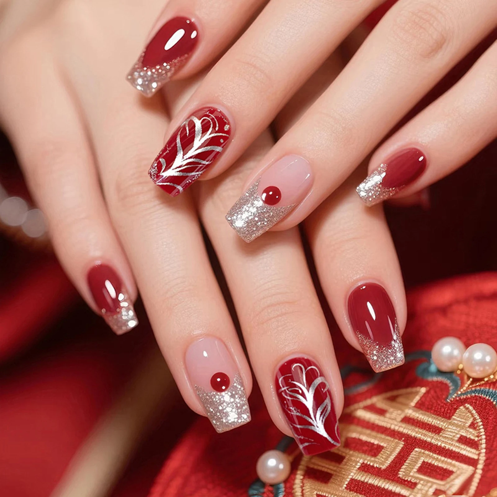 Artificial Nails Wear-Resistant Press on Nails for Wedding Bridal Red Chinese Style False Nails Resin Glossy Durable Gift