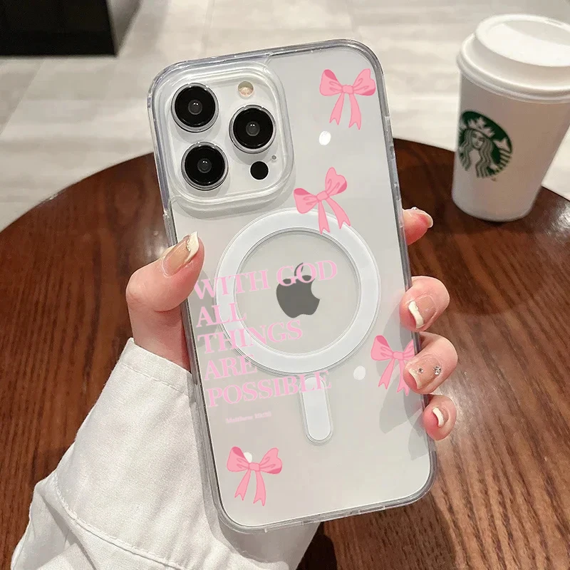 

Pink Bow Letter Magnetic Magsafe Transparent Phone Case For iPhone 16 15 14 13 12 11 Pro Max 15 16 14 Plus 12 Pro Cover Fundas