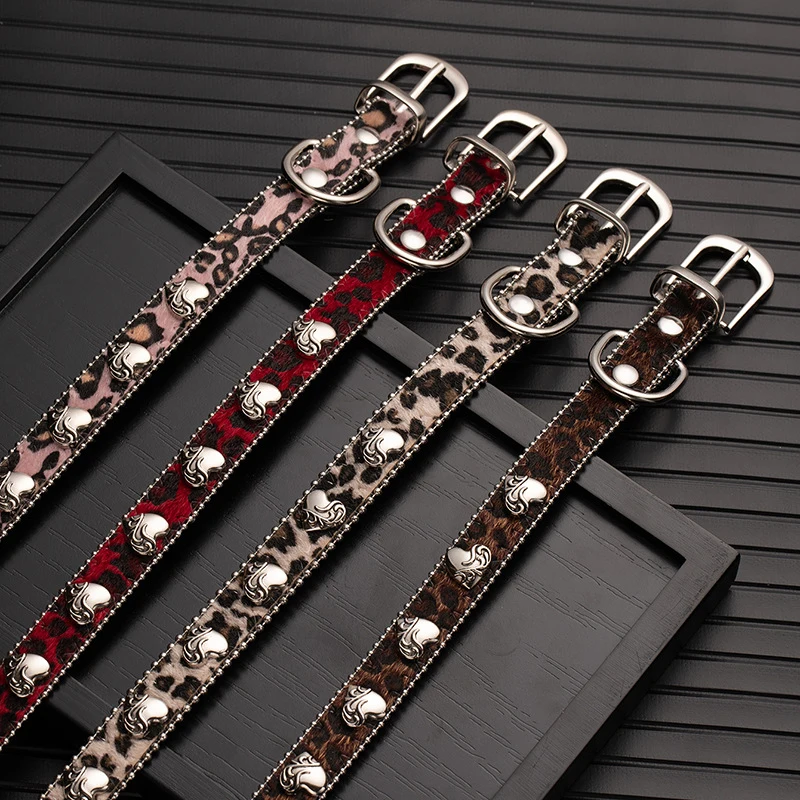 Maillard leopard print leather vintage choker with rose flower, heart, and Roman rivets, a fashionable sweet and cool style neck