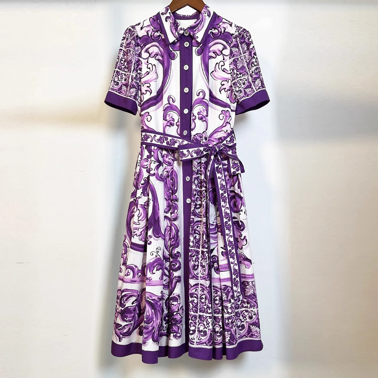 

Summer Runway Shirt Dress Women's Lapel Yellow Rose Printed Single Breasted Lace Up Belt Short Sleeve Midi Long Vestidos