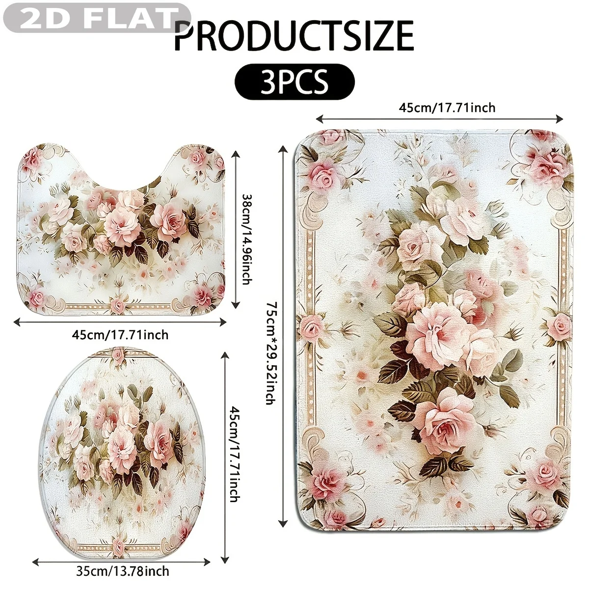 2D Flat 3pcs, Rug Sets Three-Piece Sets with Rose Floral Pattern Print Design Design, 2D Flat Non-3D Bathroom Carpet.