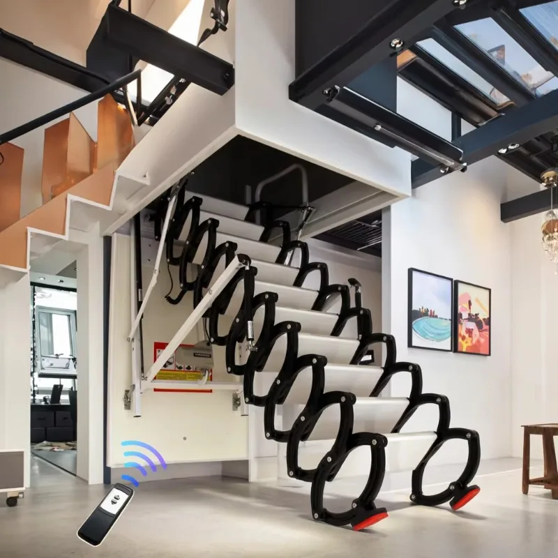 Customized Remote Control Automatic Lift Factory Direct Supply Steel Roof Folding Ladder Manually Pull Down Attic Stairs