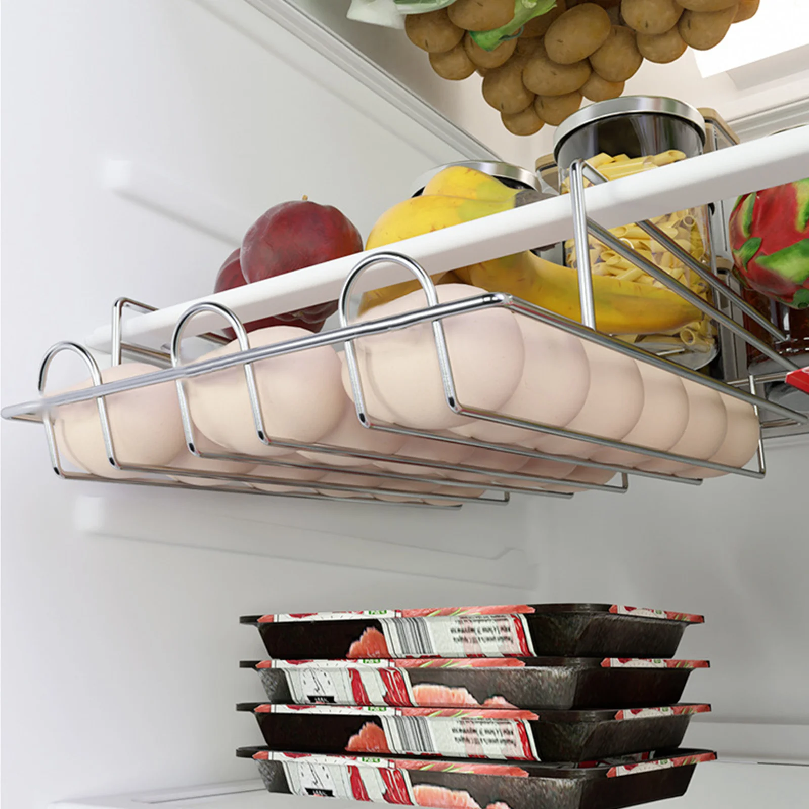 

1Pcs Stainless Steel Egg Holder Multifunctional Refrigerator Rack Beer Bottle Organizer Soda Storage Shelf Egg Holder