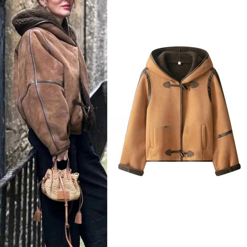 

Осенне-зимнее женское замшевое пальто с капюшоном Thiened Long Sve, шуба из ягненка, встроенный дизайн, застежка на пуговицы, полиэфирное волокно