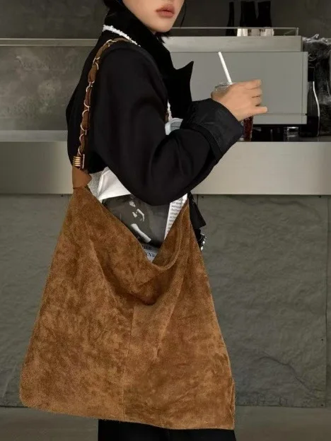 

Suede Leather Tote Bag Cowhide Leather Commuter Handbag Women's Large Capaci Travel Bag Single oulder Crossbody Bag