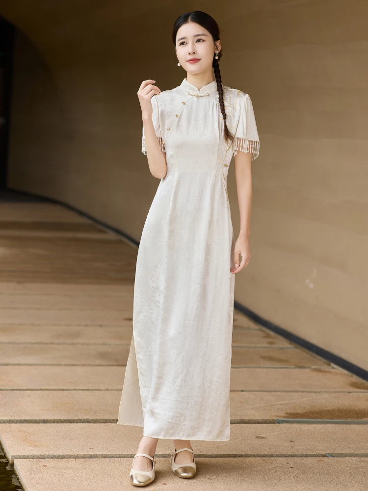 

Белое вышитое шелковое шифоновое платье-ципао в китайском стиле с низким разрезом, легкое, для повседневной носки, с коротким рукавом