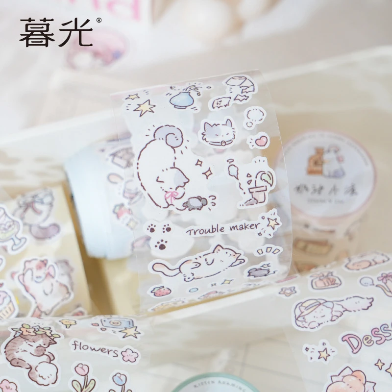 

5.5x200cm Cartoon Cat Adhesive Tape, Cute Kitty Patterns & Soft Tones, High Adhesion for Paper Crafts
