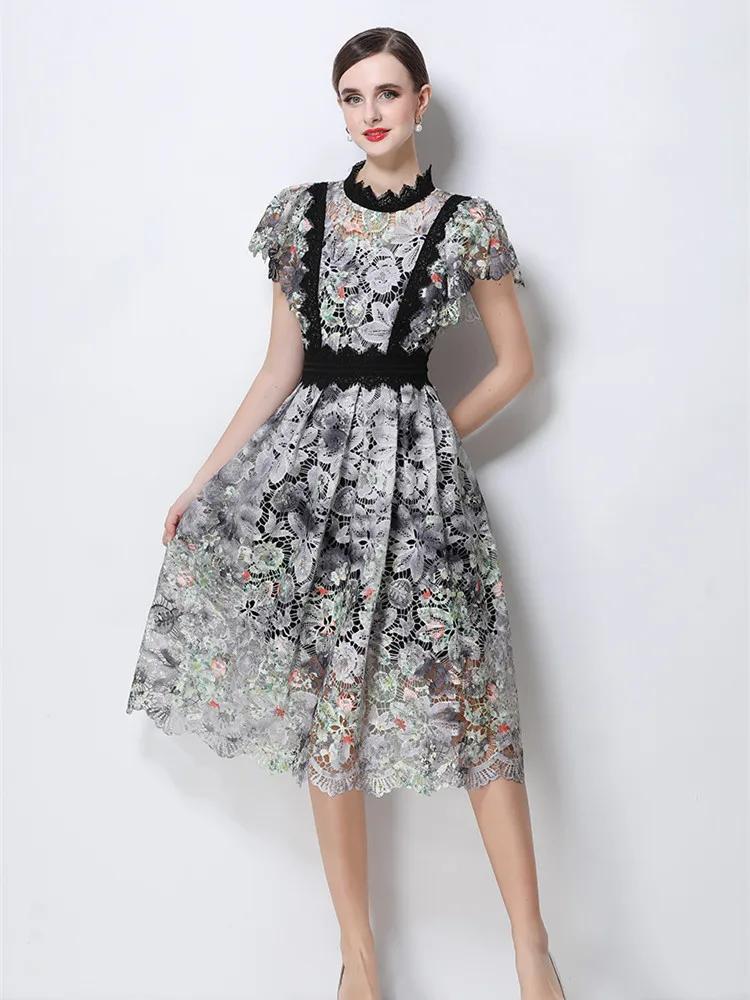 

Элегантное летнее платье с цветочным принтом и кружевом, женское, с короткими рукавами-бабочками, ажурное, для торжественных мероприятий, миди