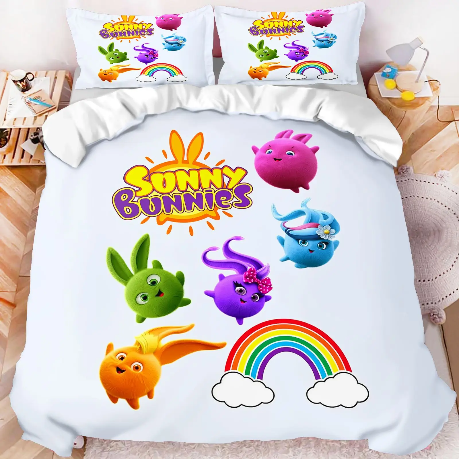 Sunny Bunnies Cartoon Bedding Set Rainbow Print Duvet Cover Pillowcase Cute Rabbit Bed Linen For Kids Bedroom No Quilt