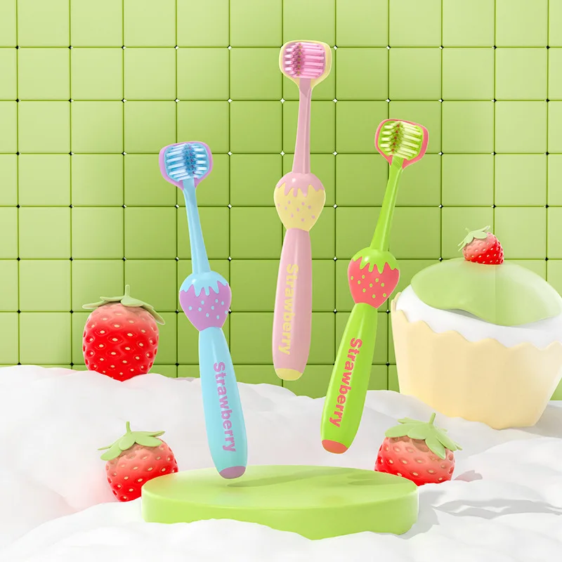 Lot de 1 brosse à dents à 3 faces avec poils doux, surface concave, 3 têtes de brosse, forme de fruit de dessin animé, brosse à dents pour enfants âgés de 3 à 6-9 ans
