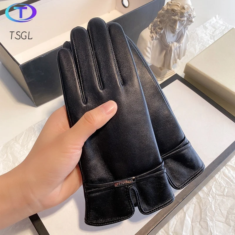 

Black Simple Winter Women Gloves Genuine Leather Warm Fluff Woman Soft Female Gloves Women Fashion Winter Autumn Short Mittens