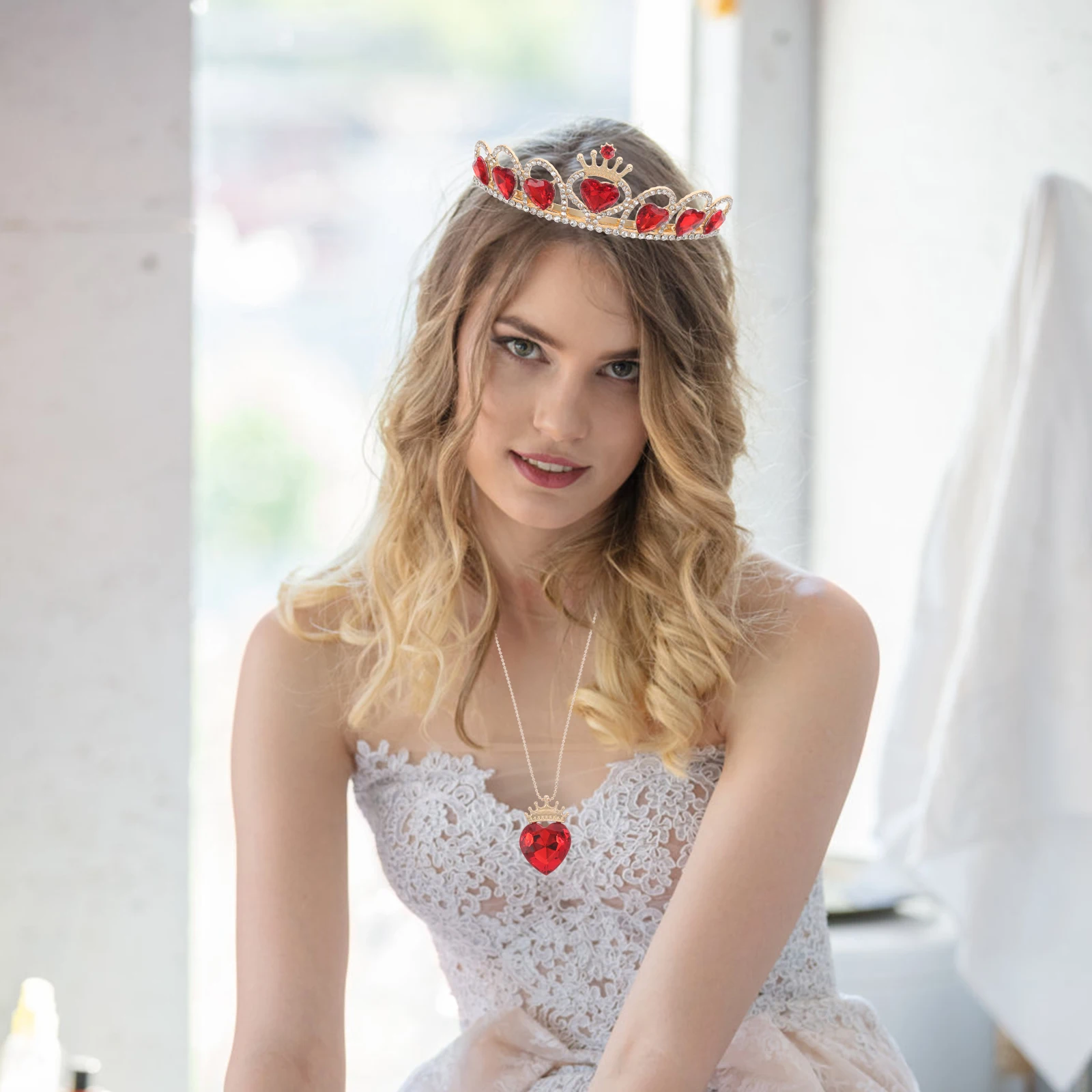 

1Set Stunning Rhinestone Heart Crown Bridal Tiara Necklace Set Wedding Birthday Party Decorative Headpiece Pageant Crown
