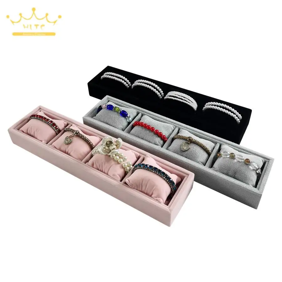 4 Grids Rectangular Jewelry Organizer Tray with Mini Pillows Bracelets Watch Storage Plate Jewelry Display Holder 24*8Cm