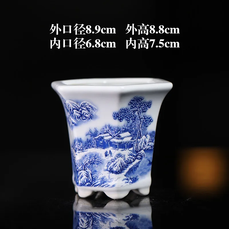 Antique ceramic flowerpot Chinese style ornament green plant pot flower and bird landscape pattern miniature flower pot