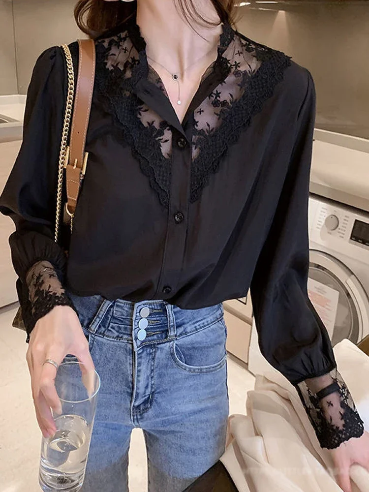 Black Lace Patchwork Shirt Women Autumn Long Sleeve Single Breasted Blouse Elegant Office Ladies Korean Fashion Slim Blusa Mujer