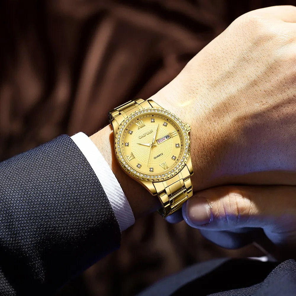 Cadvan Gouden Luxe Heren Horloge Rvs Date Klok Mannen Sporthorloges Mannen Quartz Casual Polshorlogio Relogio Masculino