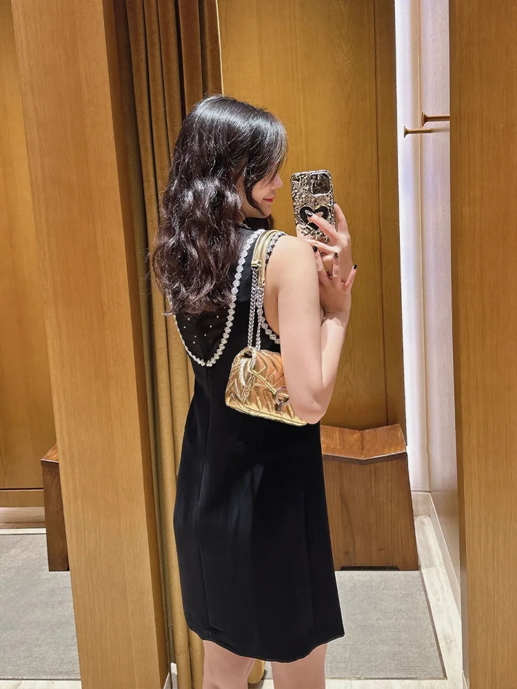 

Long black dress Spliced Bead Vest Skirt French Hepburn Small Fragrance 24 Summer Advanced New Dress