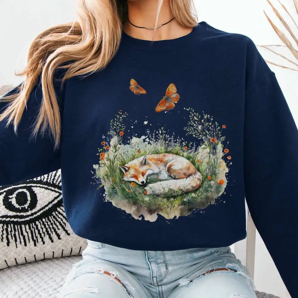 เสื้อสเวตเชิ้ตแขนยาวลายสุนัขจิ้งจอกน่ารักสไตล์คอทเทจคอร์ ผ้าฟลีซนุ่มสบาย แนววินเทจ ตลก ทันสมัย สไตล์ลำลอง Y2K เสื้อสตรีทแวร์