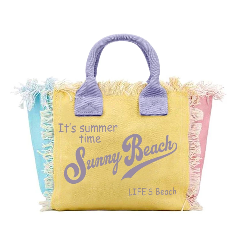 Summer American Style Sunny Beach Printing Women's Tassel Handbag Letters Canvas Tote Medium Size Bag Wedding Gift image 5