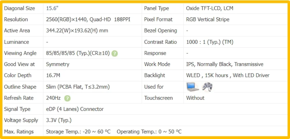 LQ156T1JW04 15.6 inch Laptop Display LCD Screen No-touch Slim IPS Panel QHD 2560x1440 240Hz