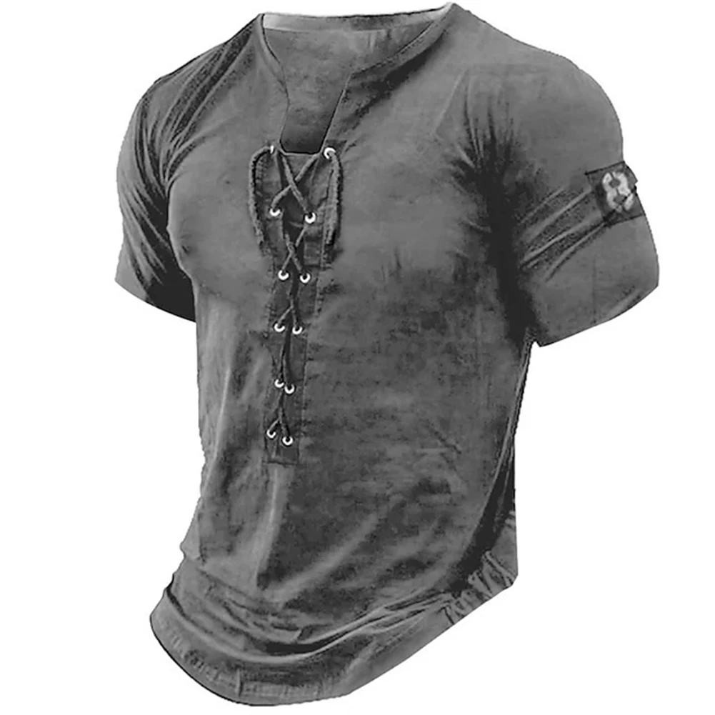 Fashion Summer Lace Up Muscle Slim Fit 3D Print Short Sleeve O Neck T-Shirt Sport Fitness Tee Tops T Shirts Clothing For Men