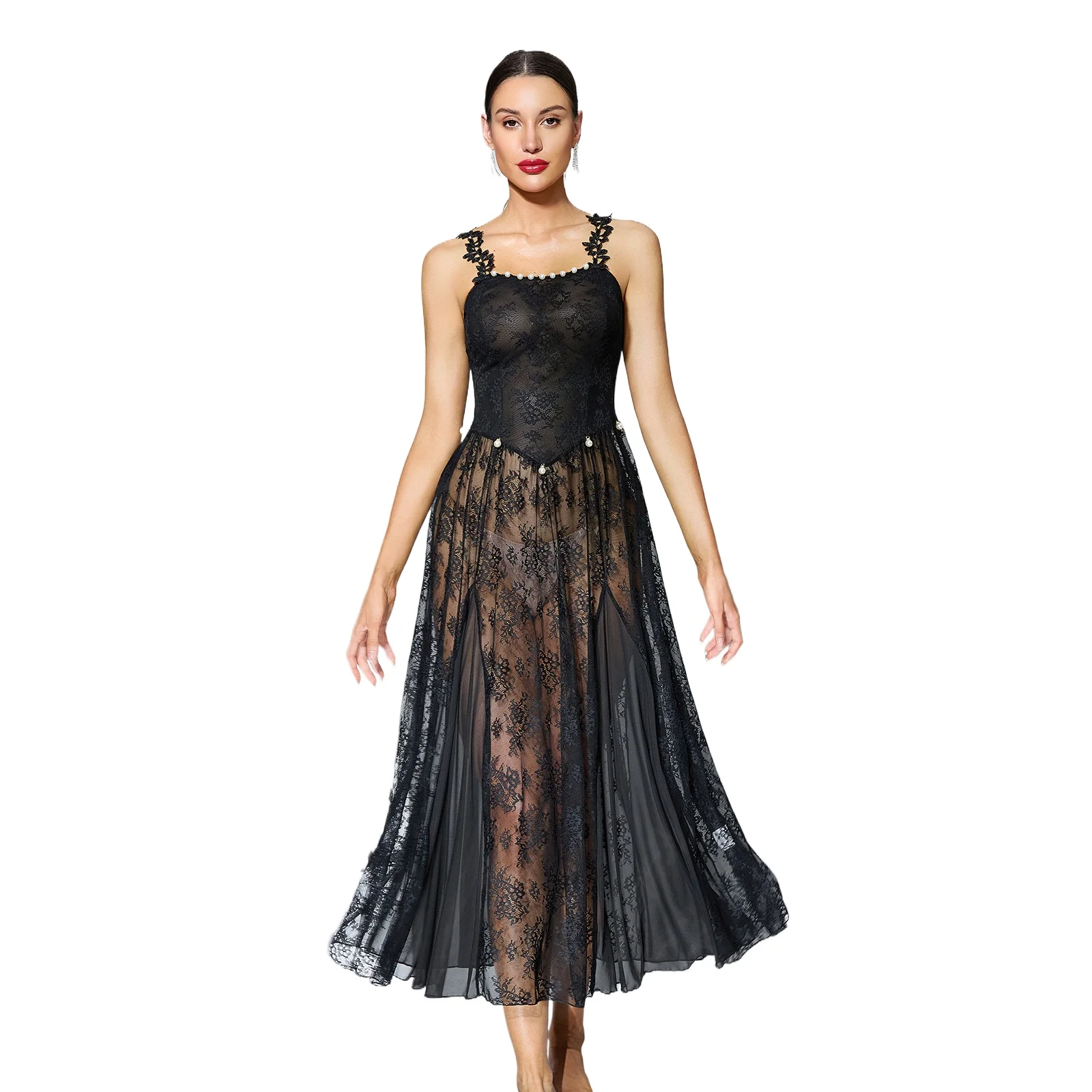 Black and White Two-color Lace See-through Nightdress, Flower Shoulder Strap, Pearl Decoration Waist Long Sexy Loungewear W74977